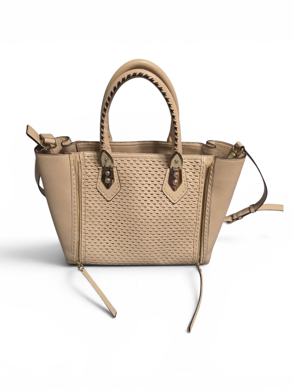 Henri Bendel Blush Color Woven Leather Satchel Handbag with Removable Strap - Picture 3 of 7